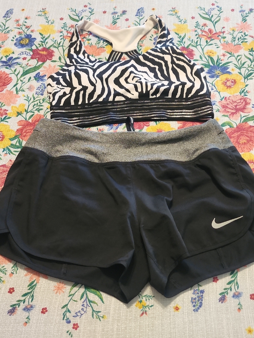 Nike Black and White Zebra-Print Sports Bra with Black Nike Shorts